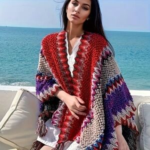 Bohemian RED Knit Poncho, Shawl, Wrap